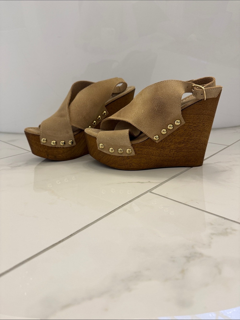Anthropologie Tan Suede Platform Wedge Sandals with Gold Stud Accents